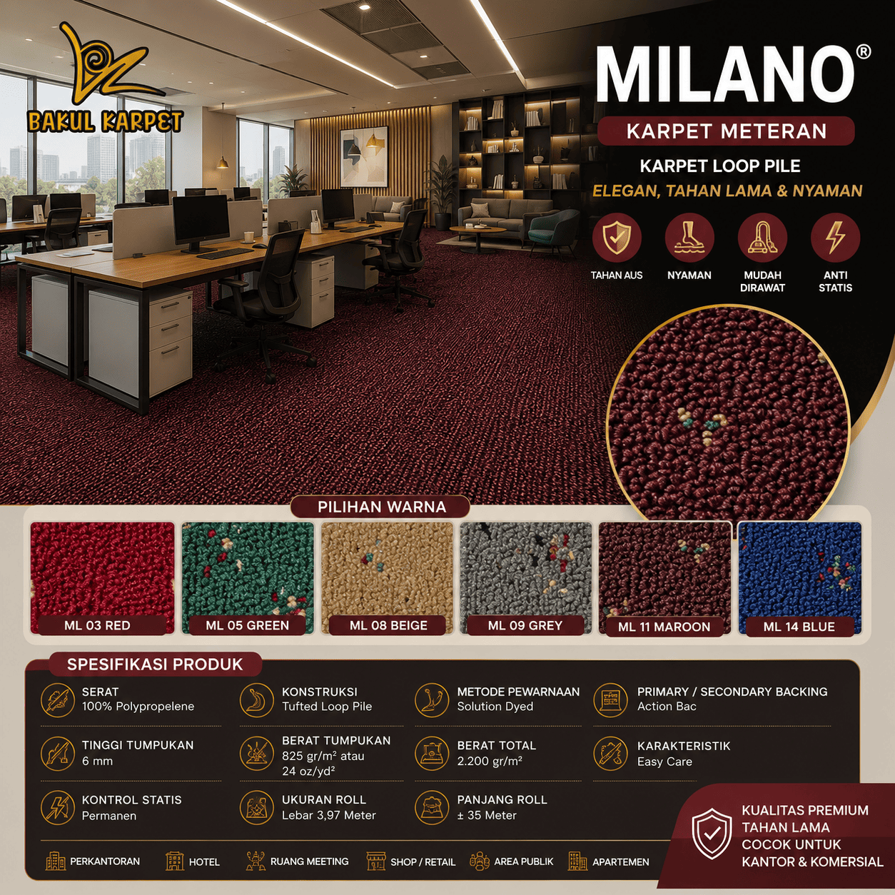 Karpet Kantor Meteran Milano